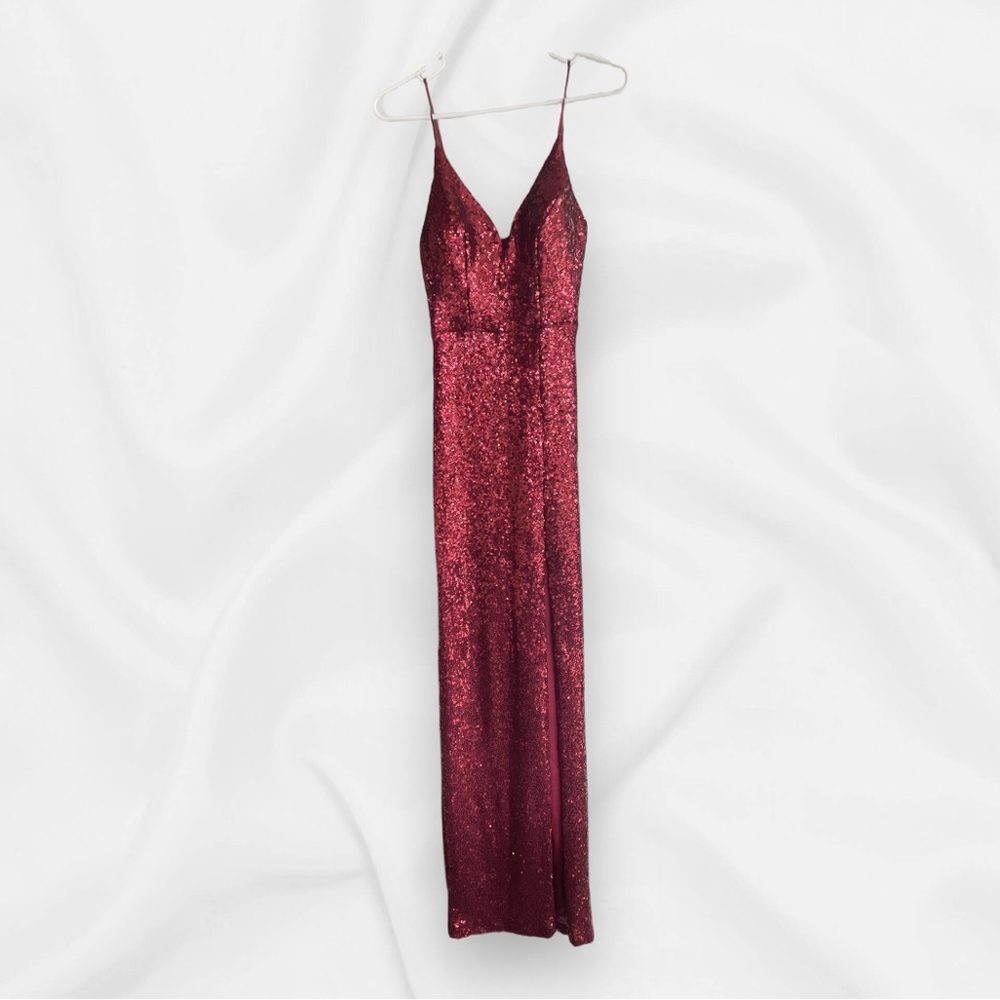 New B Smart Burgundy Sequin Prom Dress with Plunge Neckline